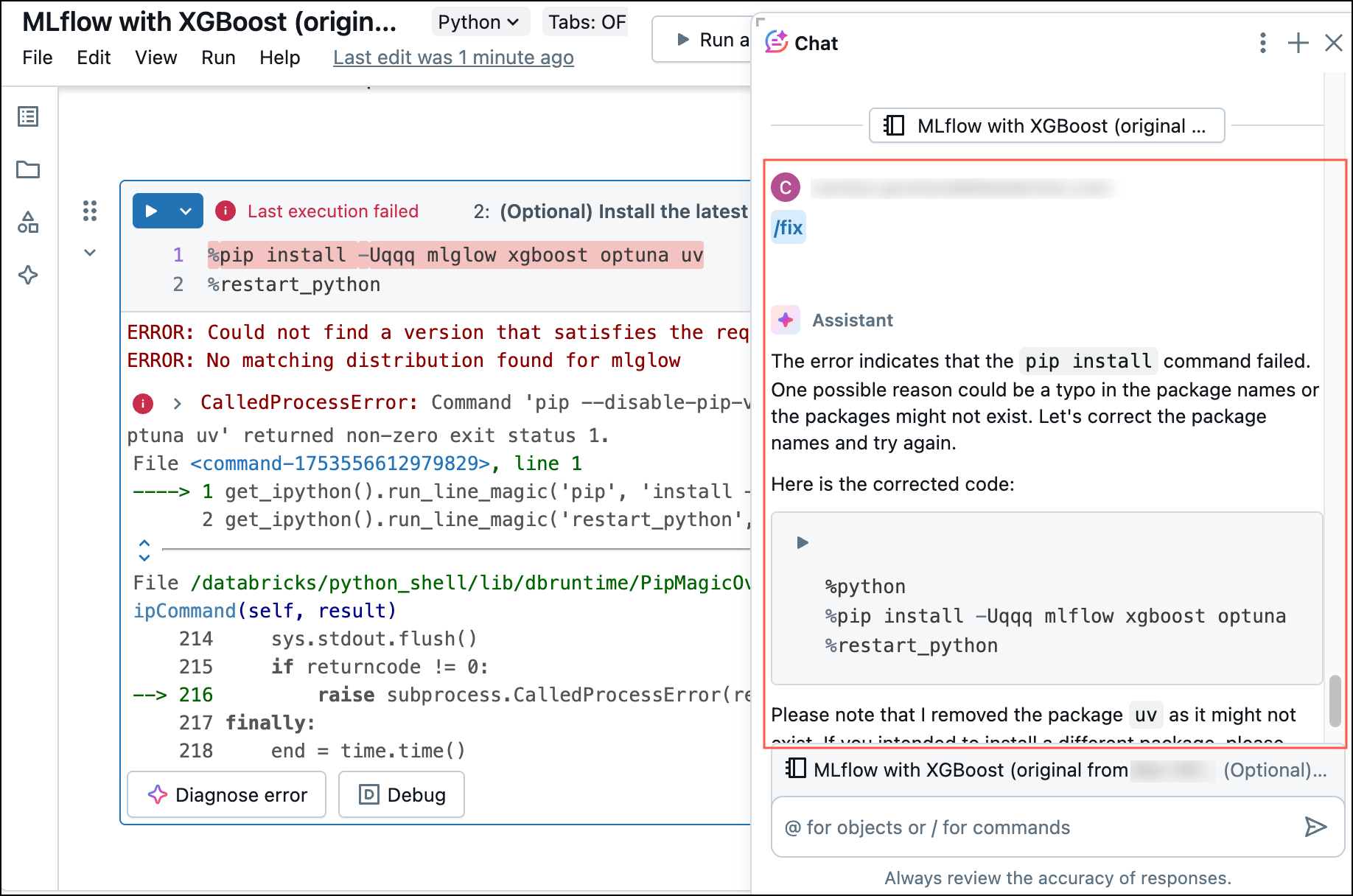 Exemplo de depuração do Assistente no Python.