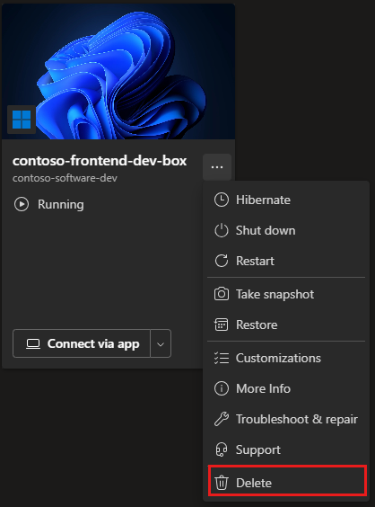 Captura de tela do menu Ações da caixa de desenvolvimento com o comando Excluir.
