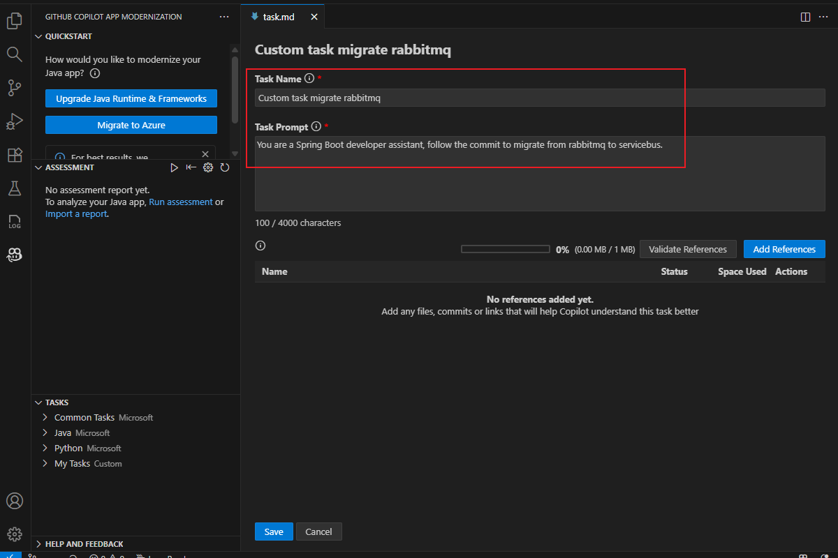Captura de tela do Visual Studio Code que mostra a tarefa de migrar RabbitMQ com os campos Nome da Tarefa e Prompt de Tarefa realçados.