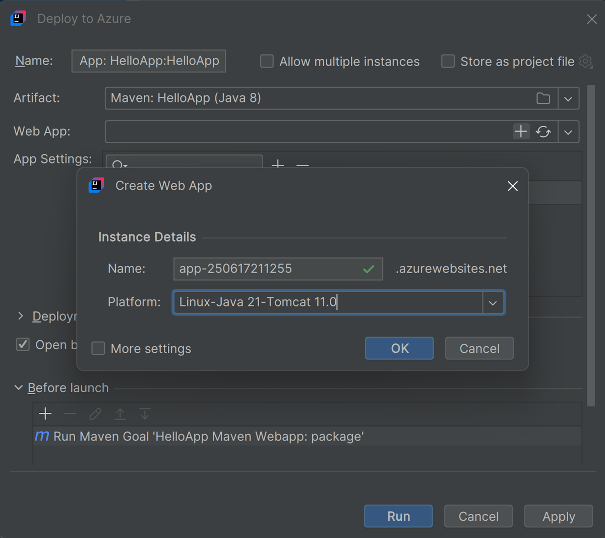 Implantar na janela de diálogo do Azure.