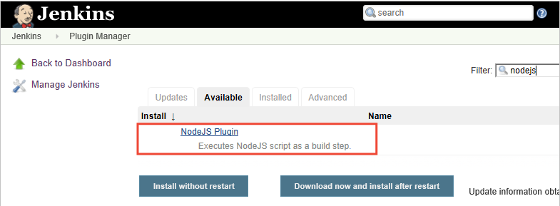 Adicionando o plug-in nodeJS ao Jenkins