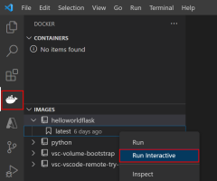 Captura de tela mostrando como usar a extensão do Docker no VS Code para executar um contêiner de uma imagem do Docker.