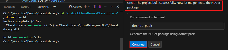 Uma captura de tela mostrando o prompt solicitando confirmação para gerar o pacote NuGet.