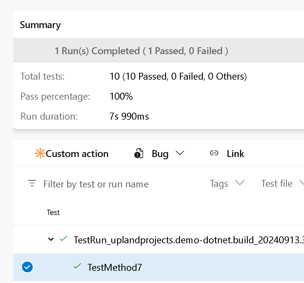Captura de tela da ação da barra de ferramentas dos resultados do teste.