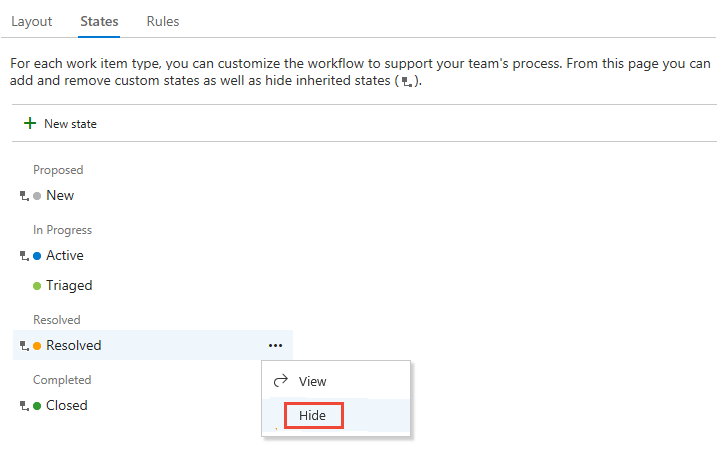 Captura de tela de um tipo de Bug com um estado selecionado e o menu de contexto exibindo Ocultar.