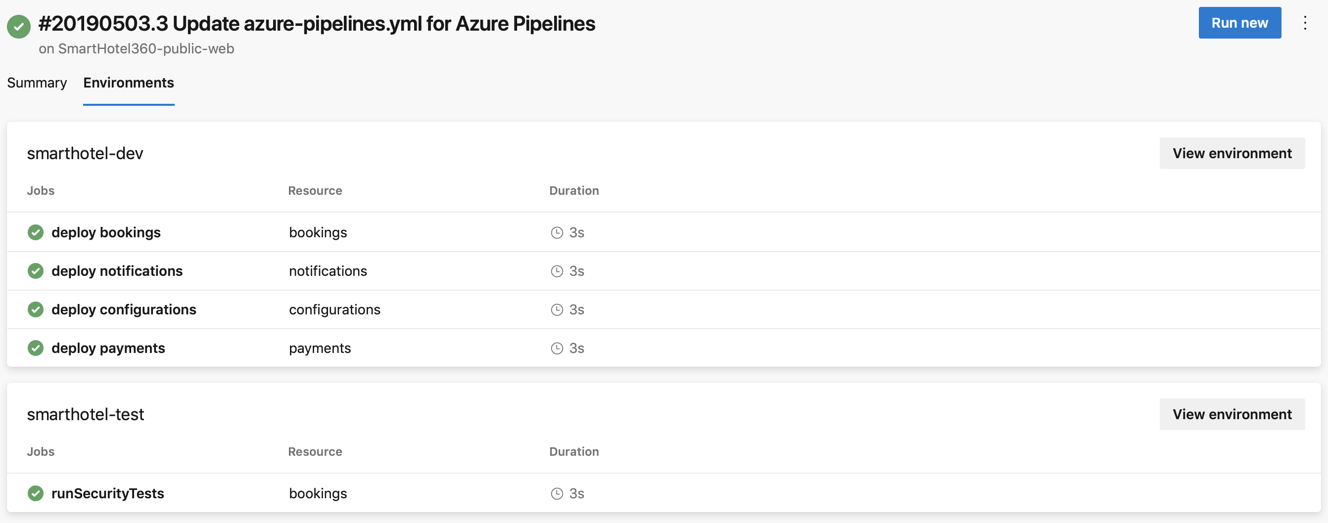 Captura de tela que mostra Ambientes nos detalhes da execução.