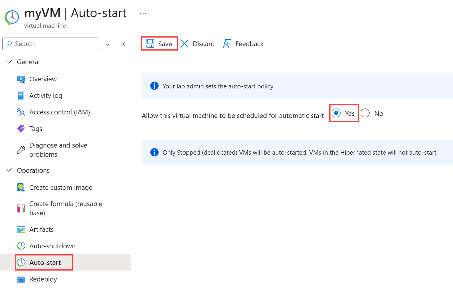 Captura de tela da seleção Sim na página De início automático.