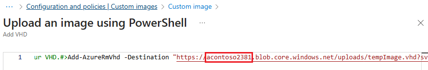 Captura de tela que mostra um exemplo de um nome de conta de armazenamento na caixa Adicionar VHD.