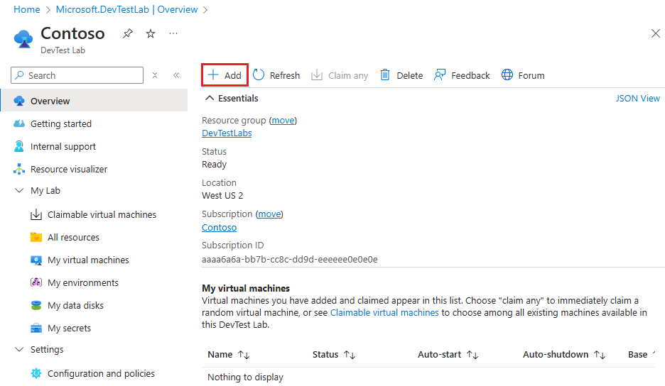 Captura de tela de uma página “Visão geral” do laboratório com “Adicionar” realçado.