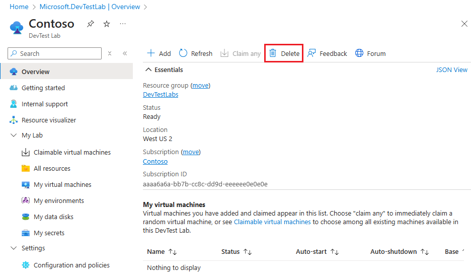 Captura de tela do botão “Excluir” do laboratório.