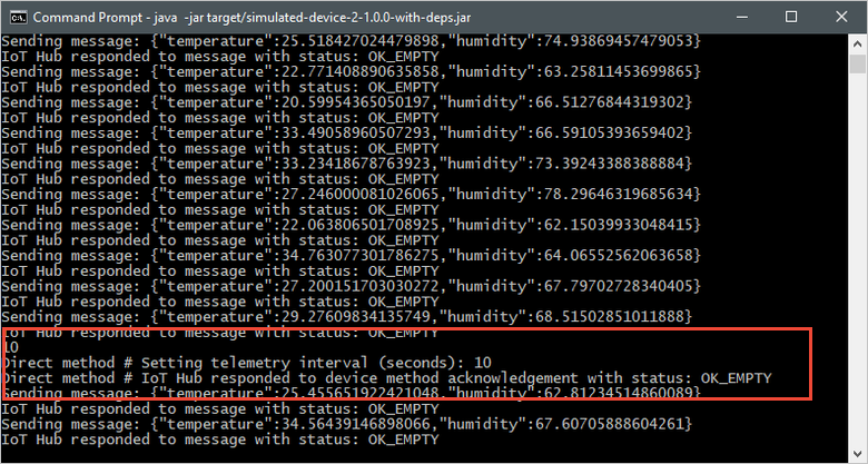 Captura de tela de uma janela de terminal que mostra o resultado da mensagem direta e a saída atualizada do aplicativo de dispositivo simulado.