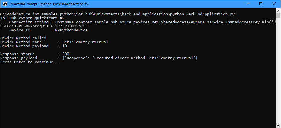 Captura de tela de uma janela de terminal que mostra o resultado da chamada de método direto do aplicativo de serviço.