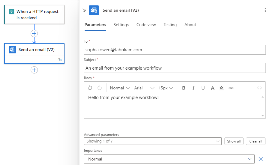 A captura de tela mostra informações para a ação do Outlook do Office 365 chamada Enviar um email.