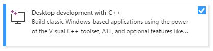 Captura de tela do Instalador do Visual Studio, desenvolvimento para desktop com workload de C++.