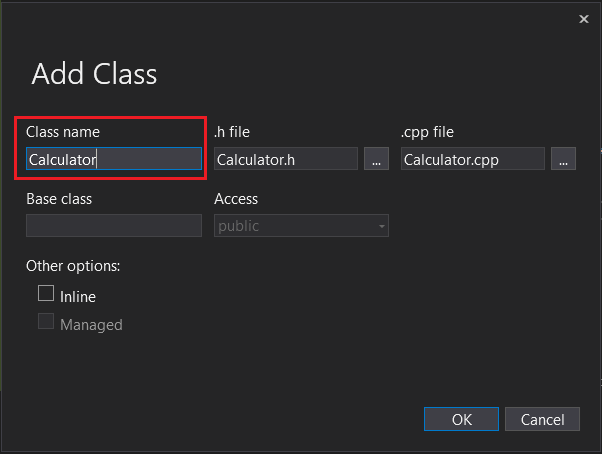 Captura de tela da caixa de diálogo Adicionar Classe do Visual Studio.