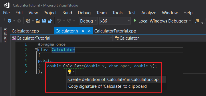 Vídeo mostrando o uso da lista suspensa de lâmpadas para selecionar Criar definição de Calcular em Calculator.cpp.