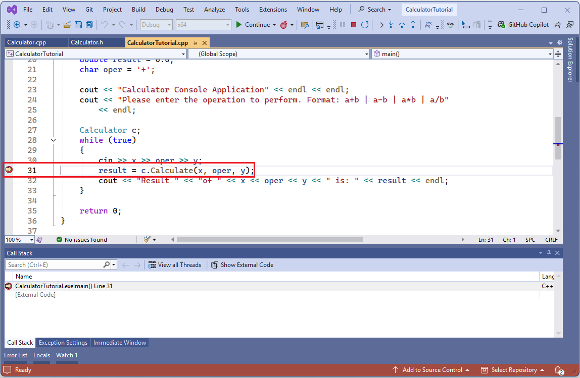 Captura de tela do editor do Visual Studio. Execução do programa interrompida no ponto de interrupção condicional na linha: resultado = c.Calculate(x, oper, y);.