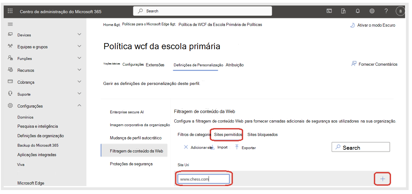Introduza URL para sites permitidos na filtragem de conteúdo Web.
