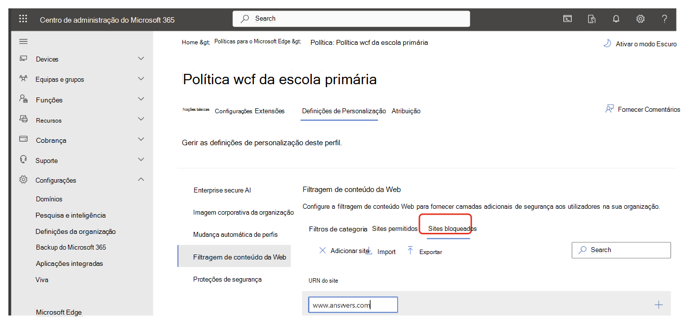 Introduza URL para sites bloqueados na filtragem de conteúdo Web.