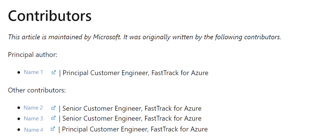 Captura de tela de uma seção colaboradores de exemplo, mostrando o autor principal mais três colaboradores listados com links para seus perfis do LinkedIn.