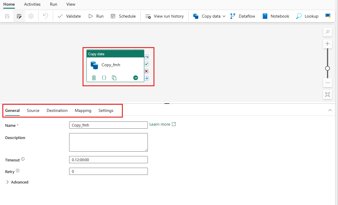 Captura de tela mostrando a atividade Copy concluída no canvas do pipeline.