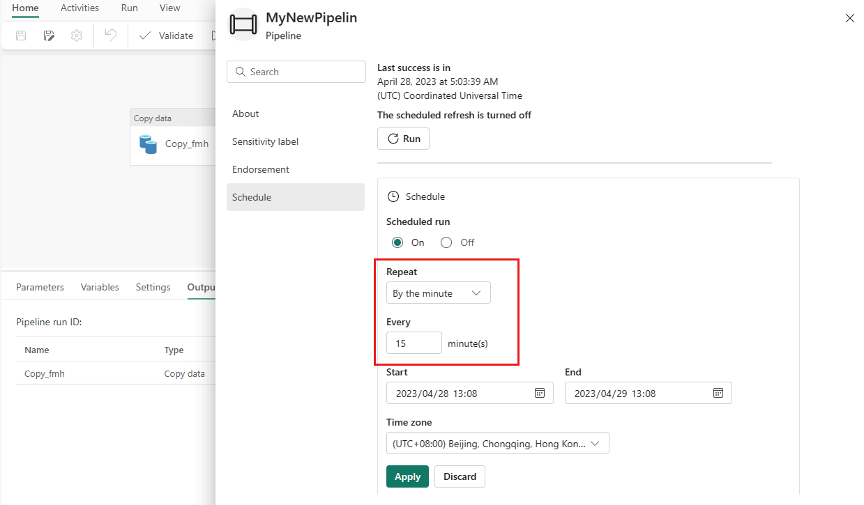 Captura de tela mostrando a caixa de diálogo de agendamento para o pipeline com um agendamento recorrente de 15 minutos.