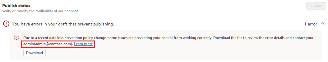Captura de tela de uma mensagem de erro relacionada à política de dados no Copilot Studio, com um endereço de email e o link Saiba mais realçado.