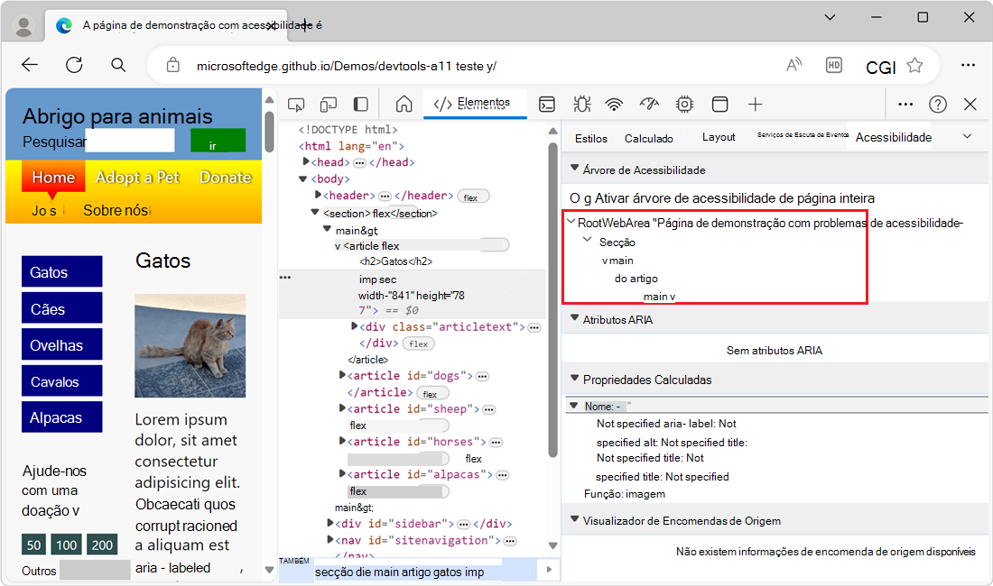 A secção Árvore de Acessibilidade