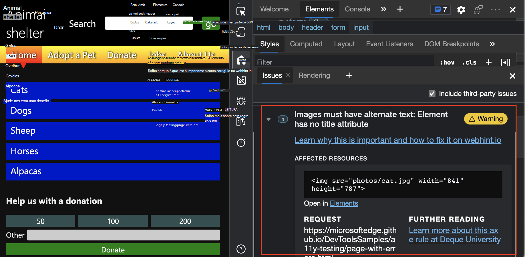 A ferramenta Problemas reporta imagens com texto alternativo em falta