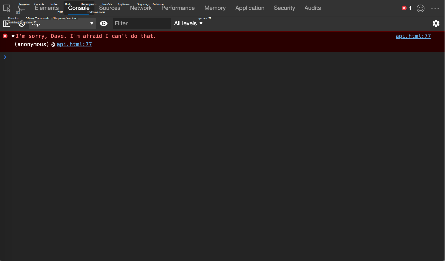 O resultado do exemplo console.error()