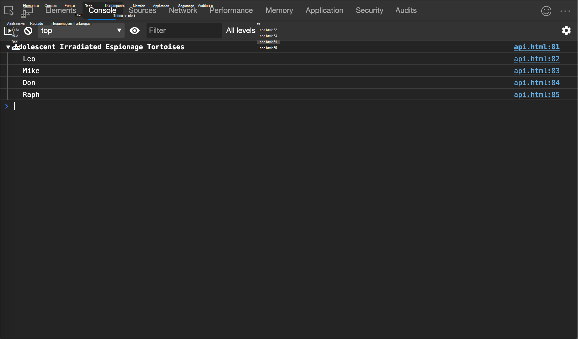 O resultado do exemplo console.group()