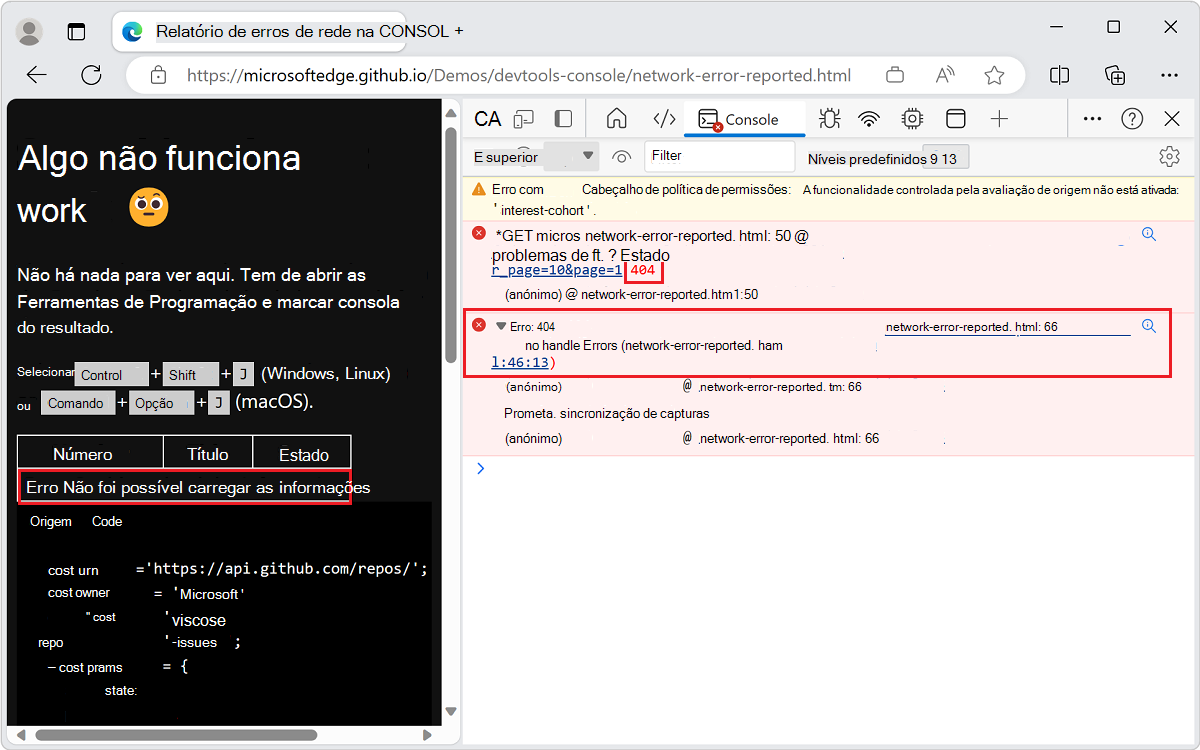 Um exemplo que deteta e reporta erros