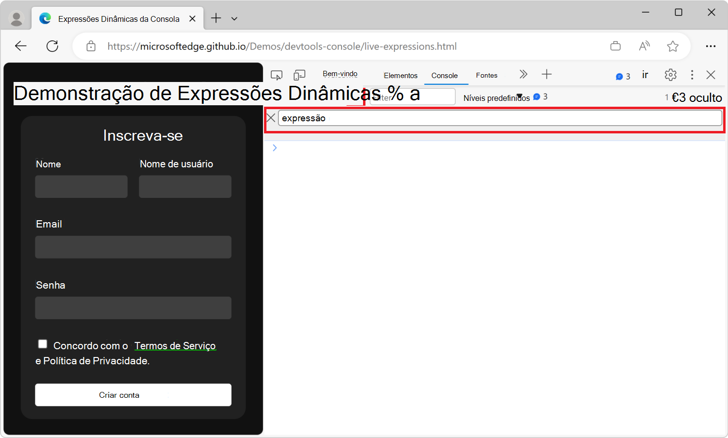 A ferramenta Consola em DevTools, com a caixa de texto de expressão dinâmica abaixo da barra de ferramentas