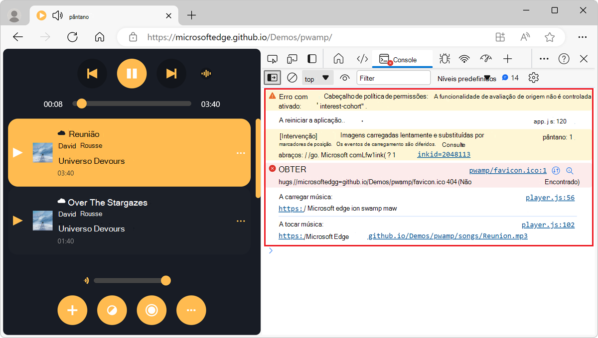 Várias mensagens de utilizador e browser na Consola