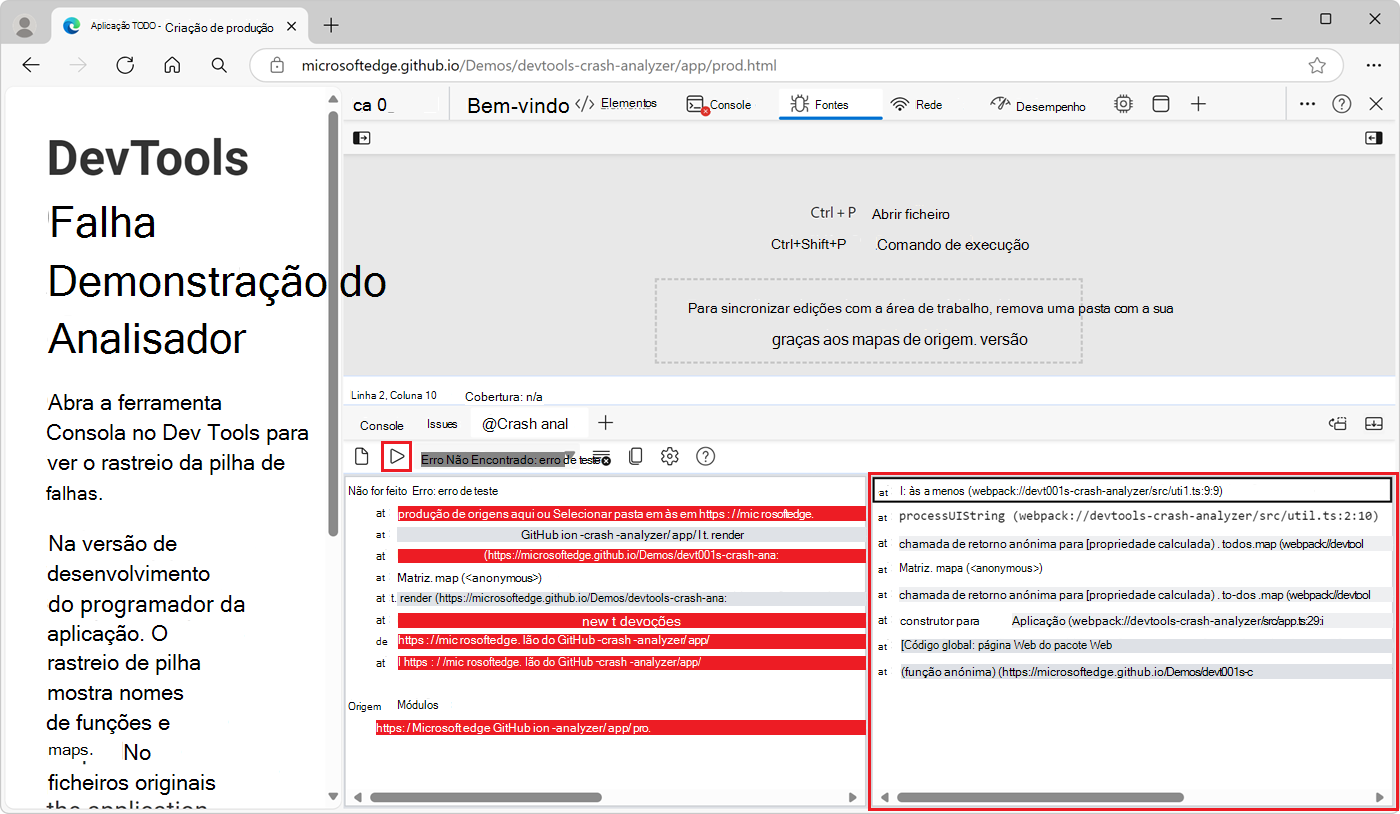 Utilizar a ferramenta Analisador de falhas para depurar uma exceção javaScript não fatal