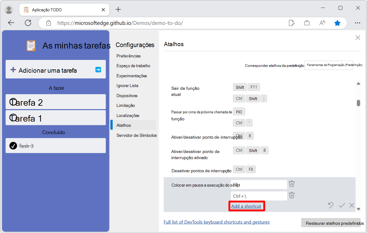 Selecione as chaves que pretende atribuir à ação