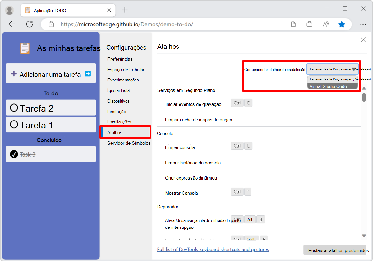 Atalhos de teclado correspondentes em DevTools a Visual Studio Code