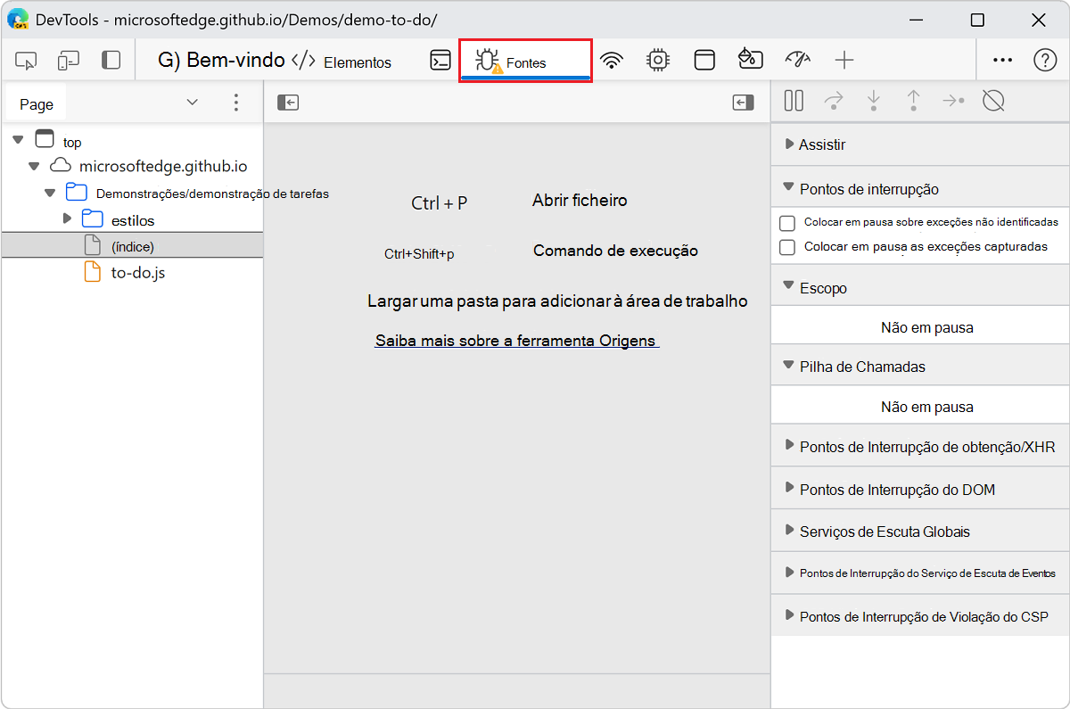 O ícone de aviso junto a Origens