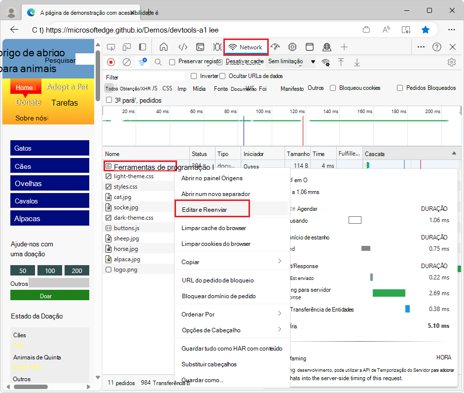 Clicar com o botão direito do rato num recurso da página Web para selecionar 