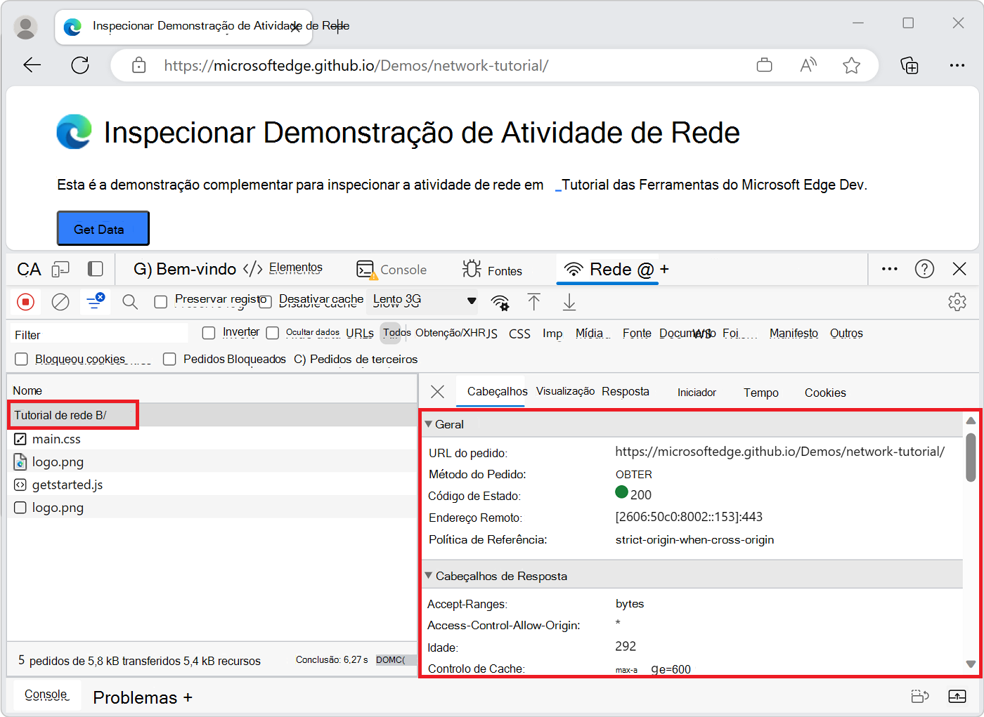 O painel Cabeçalhos