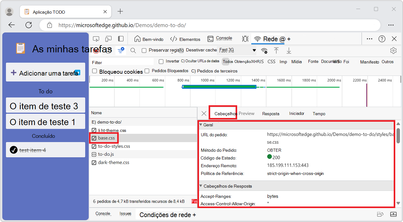 O painel Cabeçalhos