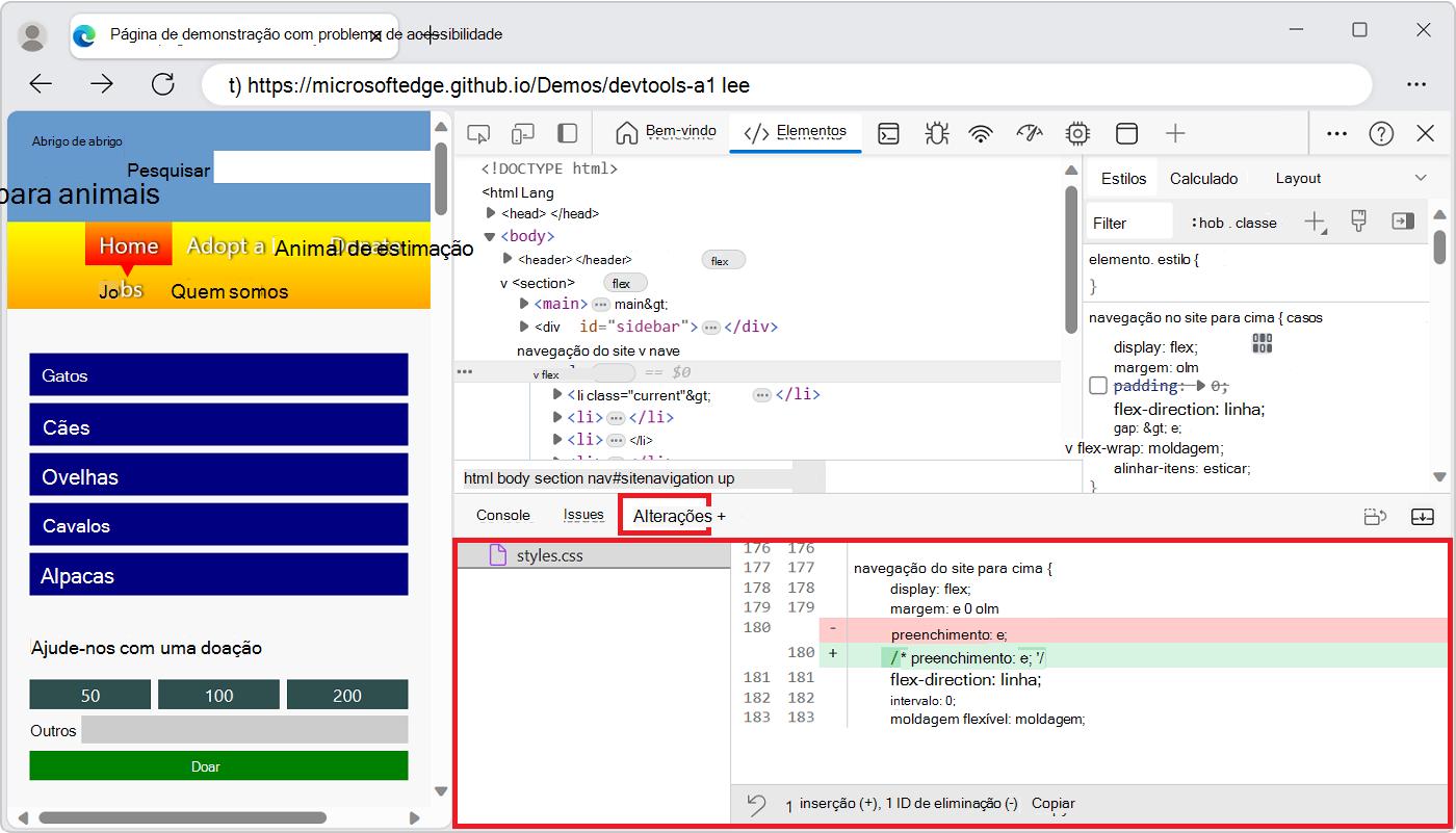 DevTools com a ferramenta Alterações aberta no painel Vista Rápida