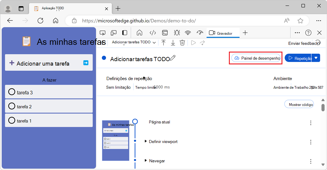 O botão Painel de desempenho