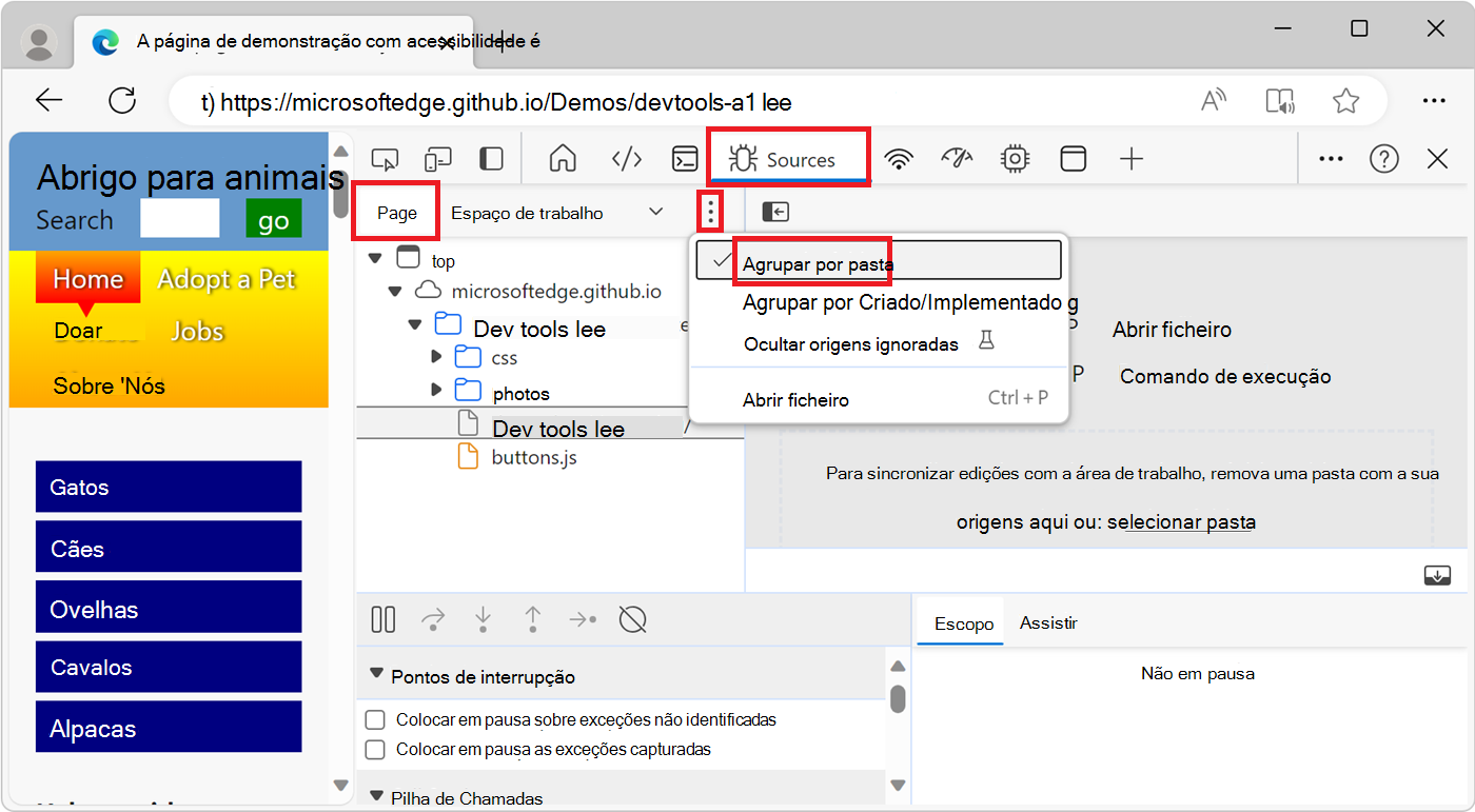 Os ficheiros de recursos da página Web agrupados por pasta no separador Página da ferramenta Origens