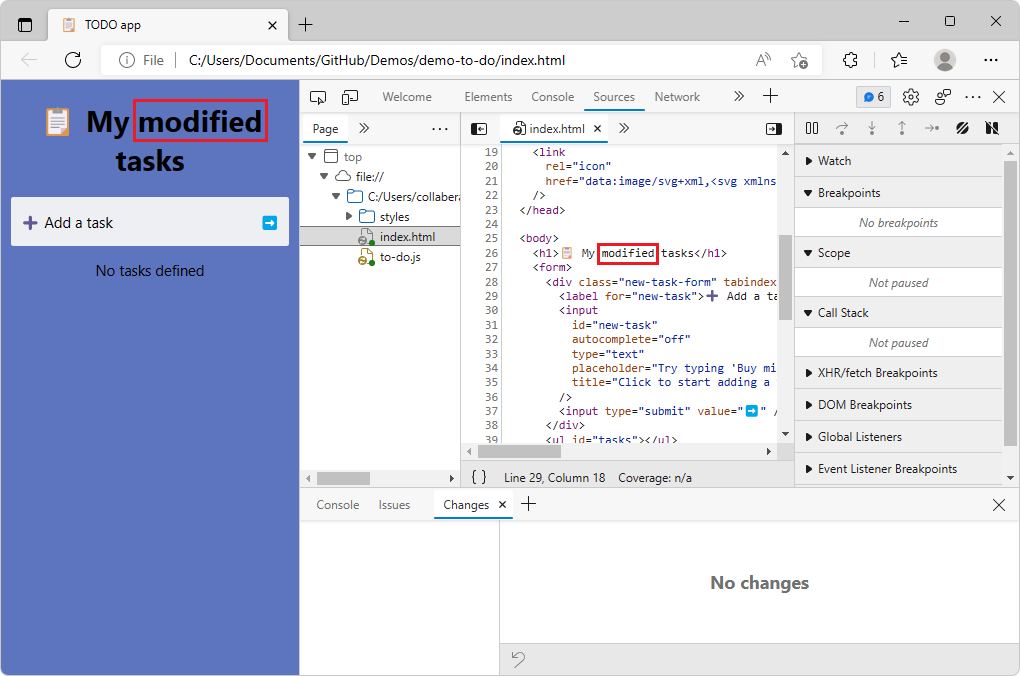 A página de demonstração a fazer modificada depois de guardar as alterações e atualizar