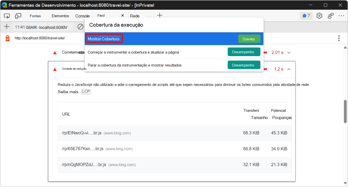 O Menu de Comandos em DevTools, a mostrar o comando Mostrar Cobertura