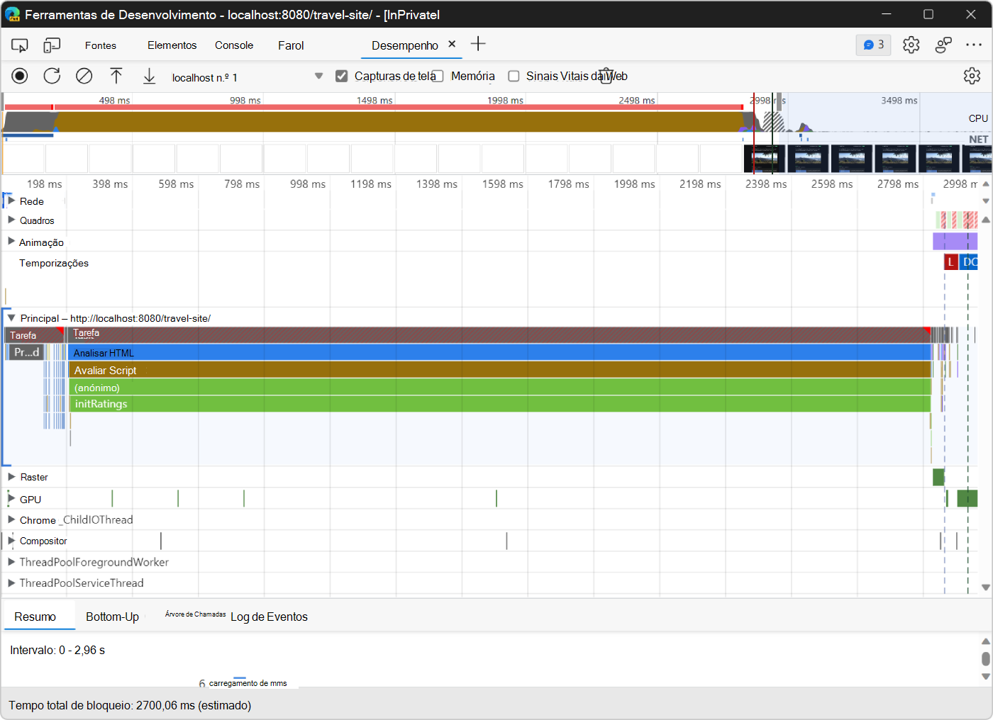 O rastreio da Ferramenta de desempenho do carregamento da página