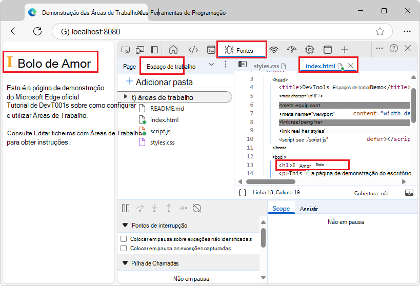 Alterar HTML a partir da ferramenta Origens