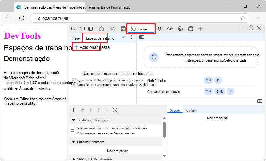 O separador Área de Trabalho