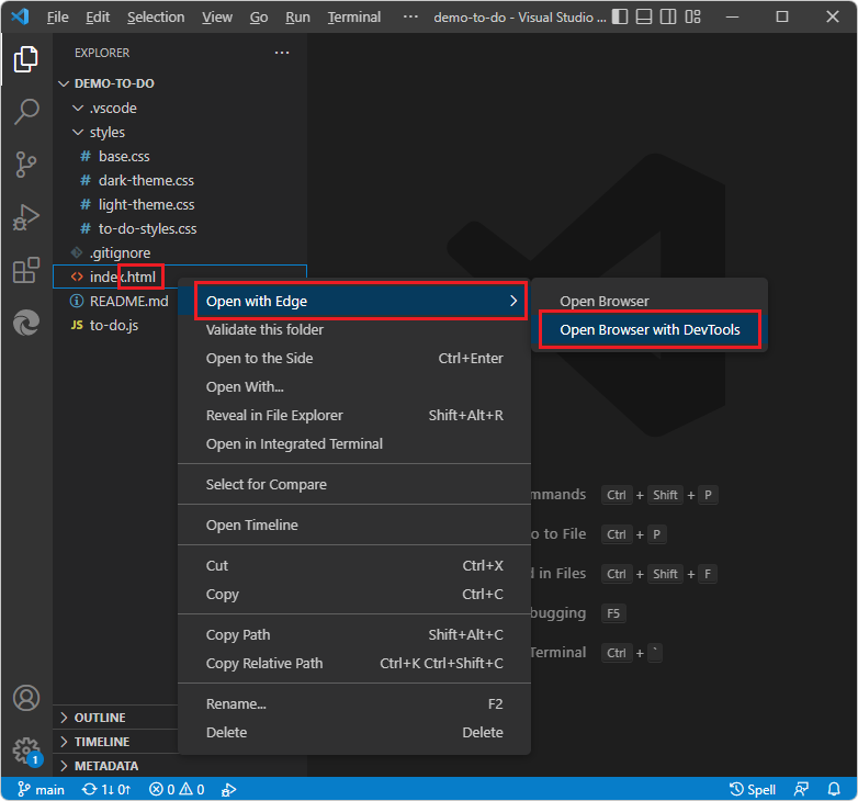 Clique com o botão direito do rato num ficheiro HTML no Explorer para o abrir com o Edge com ou sem DevTools